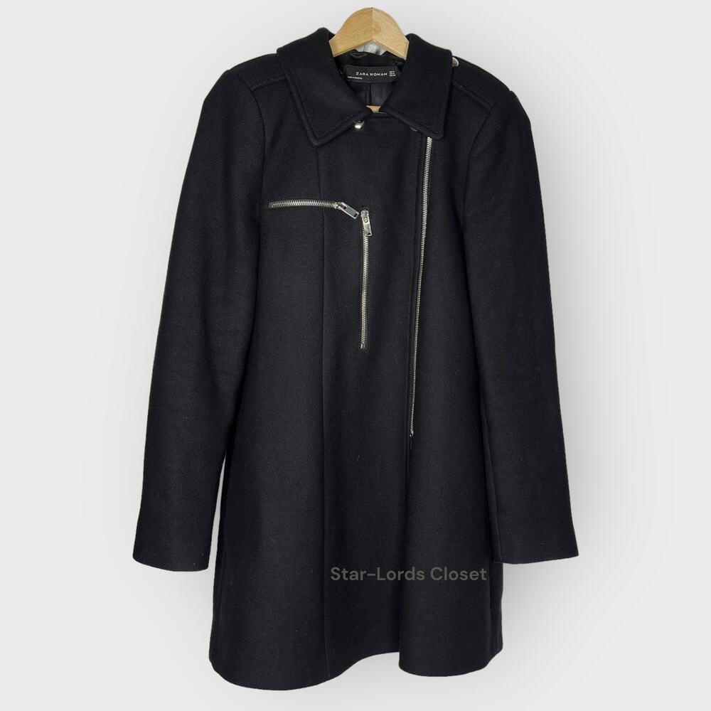 Zara Woman Longline Black Coat Medium Removable Faux Fur Collar Zip Jacket